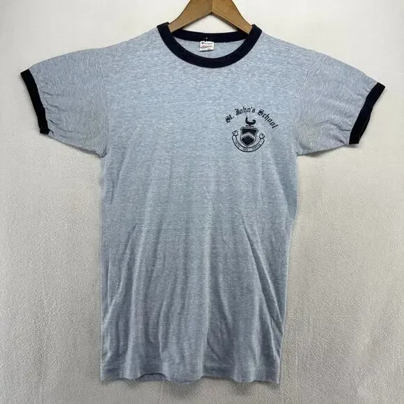 Vintage St Johns Shirt Mens Medium Blue Champion Ringer 80s Single Stitch USA - Picture 2 of 9
